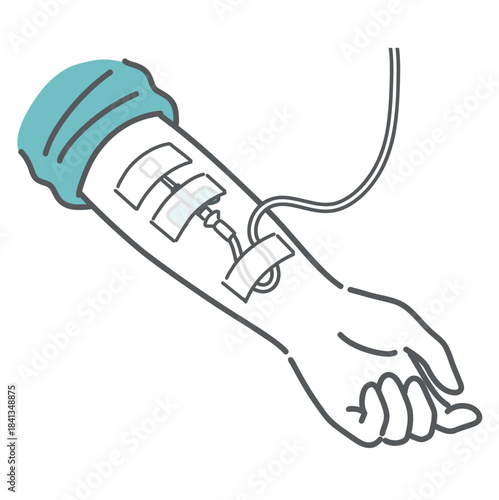 点滴（輸液）中の腕のイラスト（留置針とテープ固定）