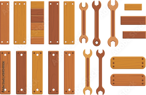 Wood planks and wrench tools illustration, wooden board set, construction materials, repair equipment icons, carpentry elements, DIY crafting hardware artwork
