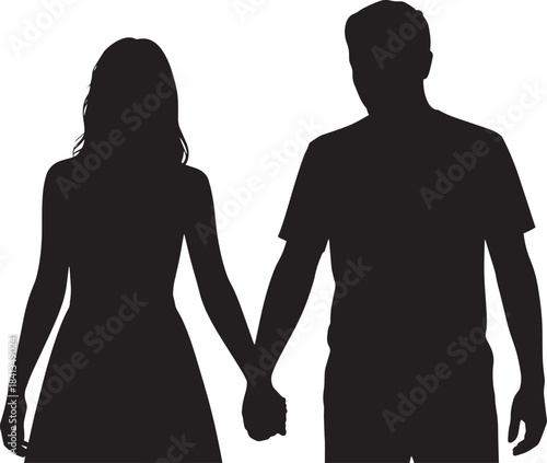 Black Silhouette of Young Loving Couple Holding Hands on White Background