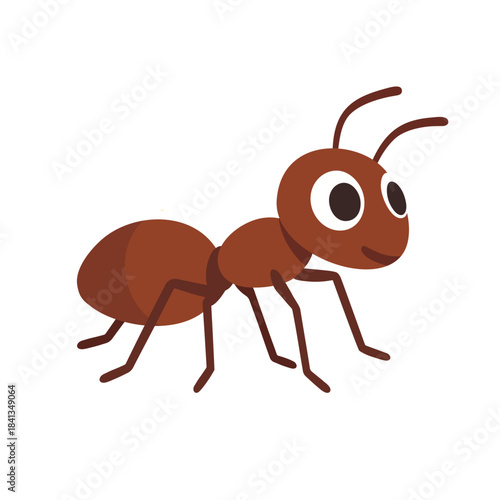 Clean and simple vector illustration of an ant with large expressive eyes. Minimalistic shapes, smooth lines, and neutral brown coloring. Perfect for educational materials, infographics, pest control 