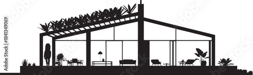 Modern house with large windows and plants, architectural silhouette