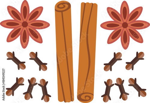 Holiday spices illustration, cinnamon sticks, star anise, cloves, festive seasoning collection, aromatic cooking ingredients, winter spice set artwork