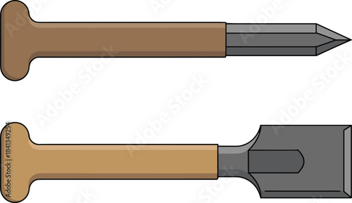 Wooden handle tools illustration, metal chisel and pointed spike, woodworking equipment, hand tool set, carpentry accessories, construction hardware graphic