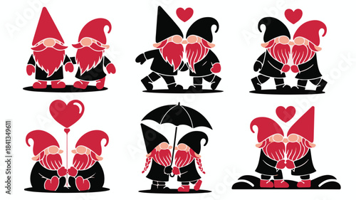 Six Valentine Themed Gnome Couple Illustrations with Hearts and Umbrellas Keywords: gnome, gnomes, couple, valentine, love, hearts, romantic, illustration, silhouette, black and white, red, hat