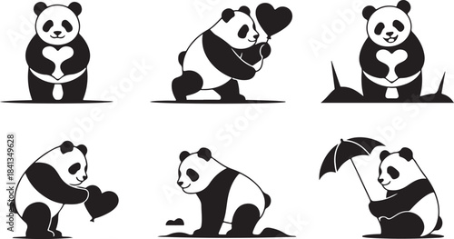 Six Black and White Panda Bear Illustrations with Heart Shapes and Different Poses Keywords: panda bear, panda, bear, illustration, silhouette, black and white, heart, love, valentine, cute