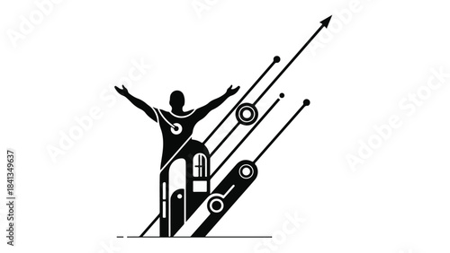 Successful businessperson achieving growth and success with arms outstretched in modern corporate office setting with ascending arrows
