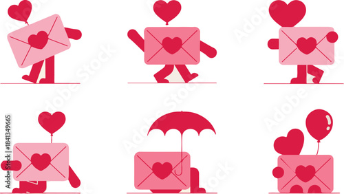 Pink Envelopes with Hearts and Animated Figures in Romantic Scenarios letter mail