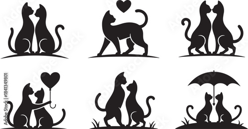 Six Silhouette Designs of Two Cats in Romantic Poses with Hearts and Umbrellas love romance