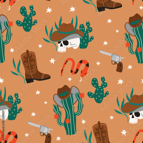 Western-themed seamless pattern with snake, gun, cowboy boots, skill and hat. Desert country background with cacti and stars. West wild vector design for printing on fabric, endless wallpaper.