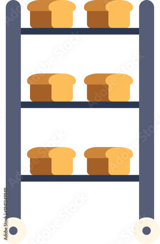 Bakery metal trolley cart showing freshly baked bread loaves, concept of industrial bread making and distribution