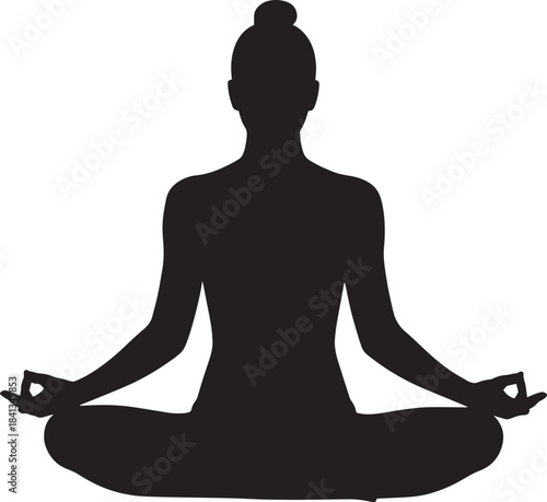 Silhouette of a woman meditating in lotus pose representing yoga and mindfulness isolated on white background for wellness concepts