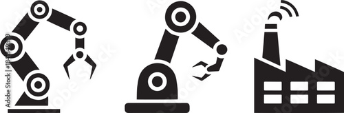 Set of industrial robot arm and factory icons representing automation and manufacturing perfect for technology and industry concepts