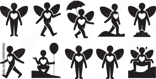 Collection of fairy-like silhouettes with heart symbols and wings Keywords: fairy, silhouette, heart, wings, love, romance, magic, fantasy, ethereal, gentle, graceful, playful, whimsical, graphic