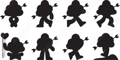 Collection of abstract blob-like figures with arrows and heart balloon Keywords: abstract, blob, figure, silhouette, arrow, heart, balloon, character, shape, form, surreal, whimsical, playful