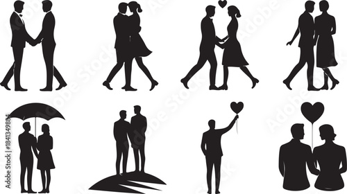 Collection of couple silhouettes in romantic poses and interactions Keywords: couple, silhouette, love, romance, relationship, togetherness, embrace, holding hands, walking, dancing, standing