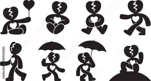 Eight Black Humanoid Figure Silhouettes with Broken Heart Details and Diverse Poses Keywords: humanoid figure, character, silhouette, black and white, broken heart, love, valentine, illustration