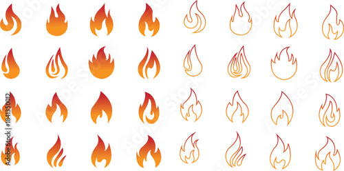 Fire icons set collection with flame symbols in gradient, flat, and line style, burning heat blaze energy illustration group for safety warning hazard UI design and emergency graphics