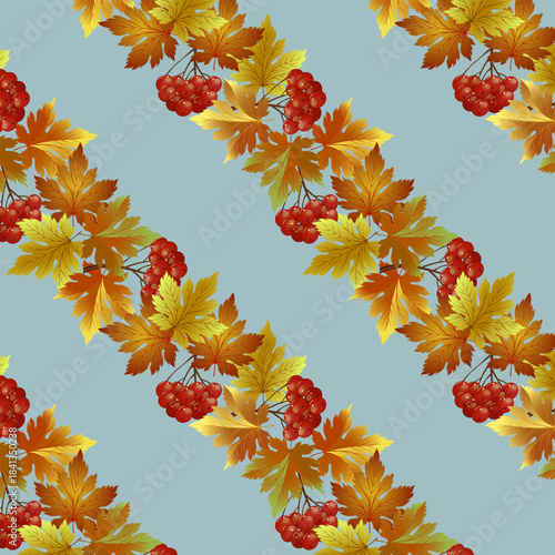 Red berries and beautiful autumn leaves combine beautifully in this pattern.Vector seamless pattern with autumn leaves and red berries on a colored background.