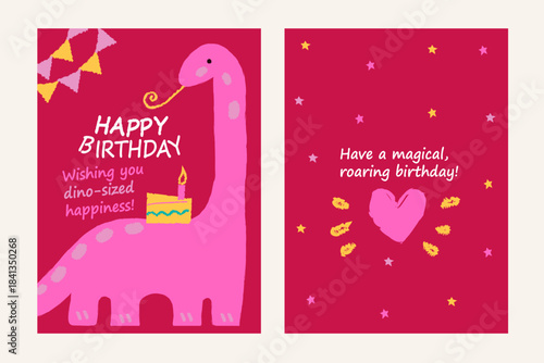 Greeting two sided birthday card with a tall smiling dinosaur on the front and a warm heart illustration inside. Happy birthday congrats card, bright colors and playful lettering.