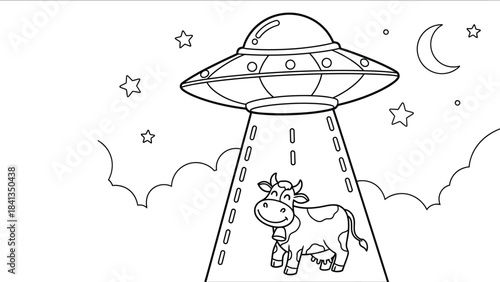 Cartoon ufo abducting a cow under a crescent moon and stars