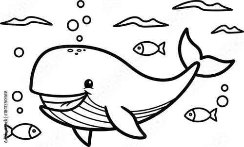 Cute cartoon whale and fish swimming underwater with bubbles
