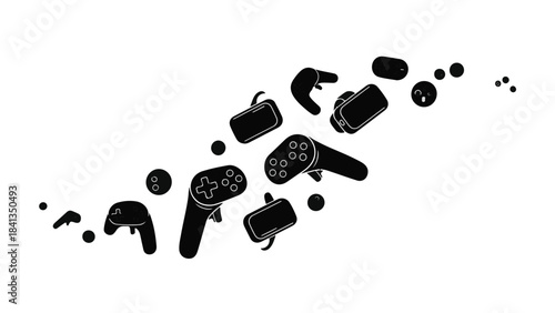 Black video game controller accessories and parts scattered on white background, gaming concept, isolated illustration