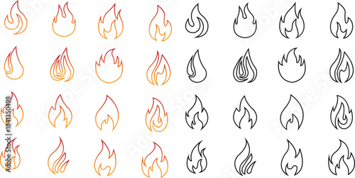 Fire icons set collection with flame symbols in gradient, black line style, burning heat blaze energy illustration group for safety warning hazard UI design and emergency graphics