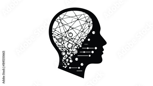 Black and white illustration of human head with neural network brain concept for artificial intelligence and technology