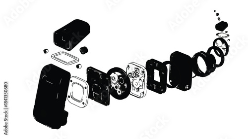 Smartwatch disassembled components parts illustration, fitness tracker exploded view, wearable technology device elements