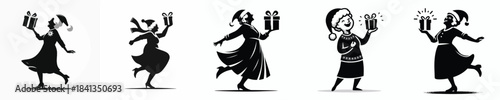 vector silhouette of a grandmother dancing happily with a Christmas gift