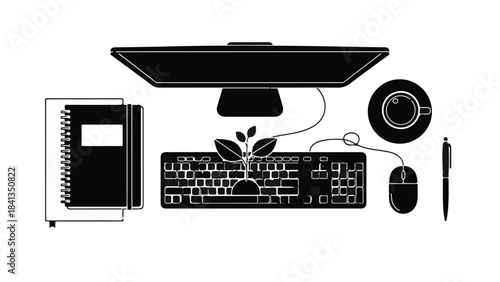 Modern workspace setup with computer, keyboard, mouse, notebook, and plant on white background, office desk organization concept
