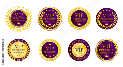 パープルと金色を基調としたVIP PREMIUMエレガントバッジシリーズ｜落ち着いた高級ラベルデザイン