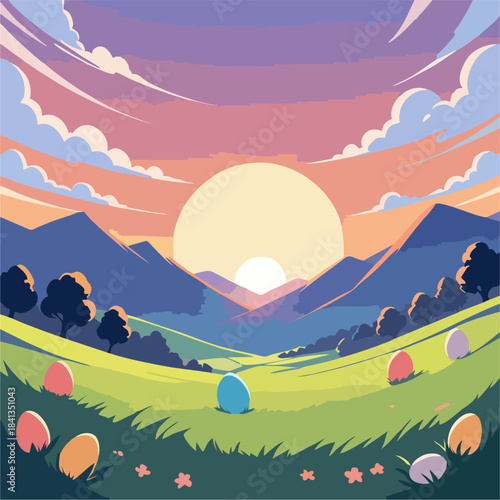 Easter Sunrise Landscape – Colorful Pastel Sky With Mountains, Green Hills And Easter Eggs In The Grass Illustration