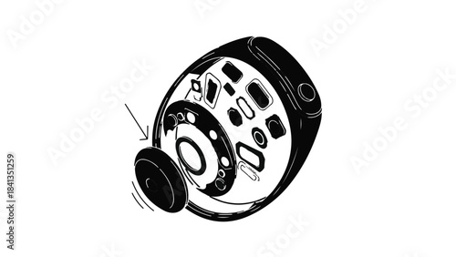 Technical mechanical device camera lens component isolated on white background industrial technology concept