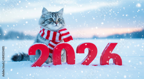 Adorable fluffy kitten wearing a red and white striped scarf sits beside bright red 2026 numbers in a snowy winter landscape during snowfall