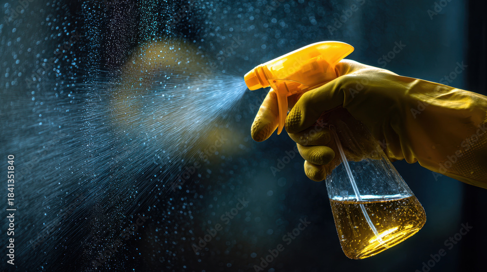 Fototapeta premium Gloved hand spraying cleaner on glass water droplets yellow spray bottle household chore sanitation sparkle closeup blue background night hygiene creating fresh and focused cleaning mood