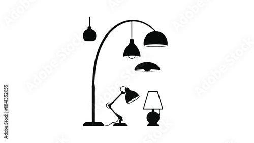 Black silhouette of flexible reading lamp and various light fixtures on white background, modern home decor concept with minimalist style
