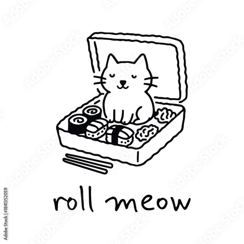 Cat sitting in sushi bento box, doodle vector illustration