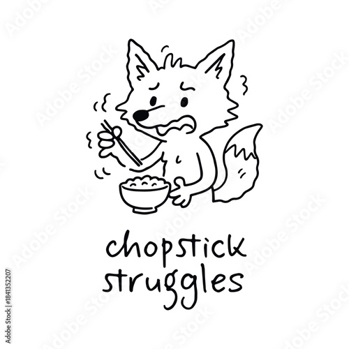 Fox with bowl and chopsticks—quirky charm in a moment of culinary effort, doodle vector illustration