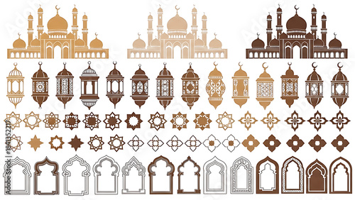 Collection of islamic decorative elements and lanterns isolated on transparent background