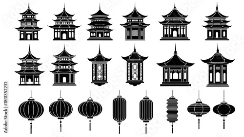 chinese temple and lantern silhouette collection isolated on transparent background
