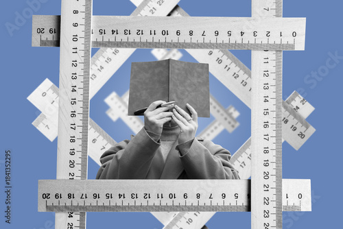 Collage art with a woman covering her face with a notebook and wooden rulers	