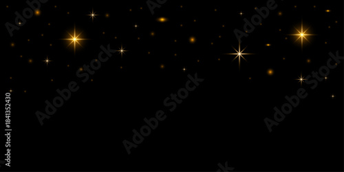 Golden stars and light particles scattered across a black background header.
