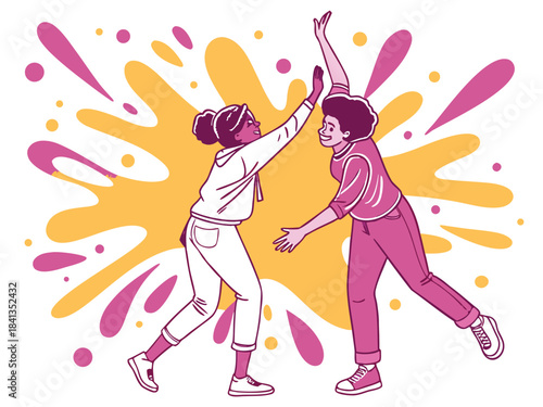 Two people in casual clothes are dancing and having fun with vector graphic illustrations