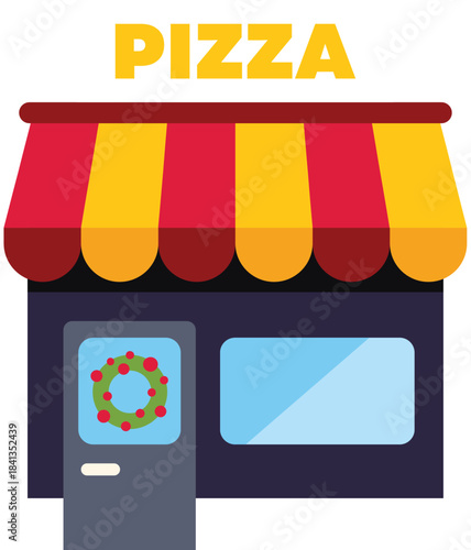 Christmas decorated pizzeria facade celebrating winter holidays with a festive wreath, creating a warm and inviting atmosphere