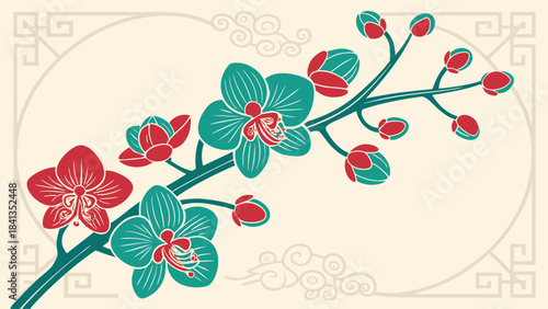 A vibrant vector illustration of a blooming cherry blossom branch with green leaves and red flowers on a beige background.