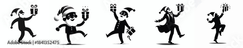 vector silhouette of a grandfather dancing happily with a Christmas gift