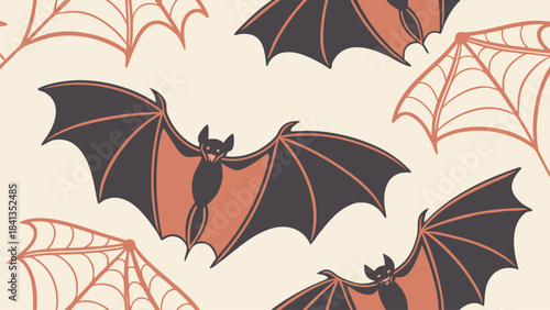 A vector illustration of bats flying amidst spider webs in a spooky night scene with eerie orange lighting.