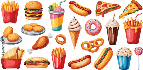 Assortment of Popular Fast Food Items and Sweets on White Background Keywords: fast food, junk