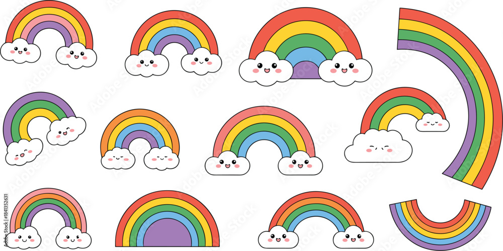 Fototapeta premium Cheerful Cartoon Rainbows with Smiling Clouds Collection cute happy